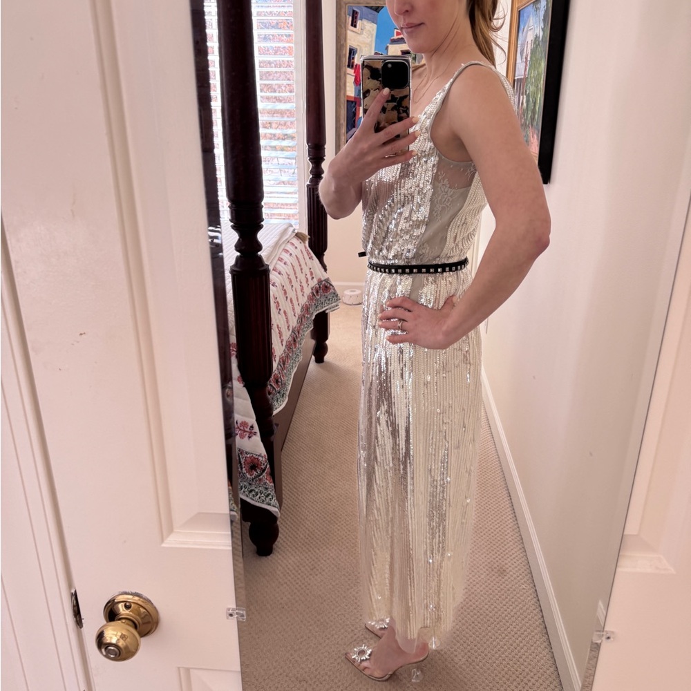 Marc Jacobs Runway NWT silver sequin midi dress with black detachable belt - Picture 10 of 15